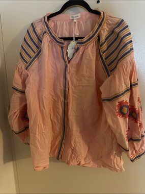 NWT Velzera Peach Pink Embroidered Peasant Jacket with Blue Trim 1XL
